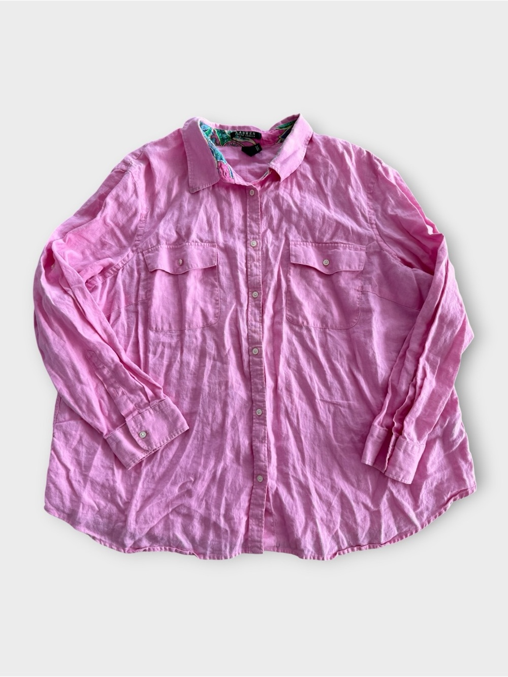 GUC Ralph Lauren Pink Button-Front Long Sleeve 100% Linen Shirt | 3X